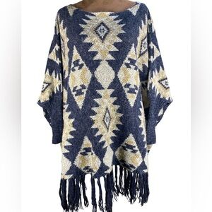 Sisters Southwestern Fringe‎ Sweater Boho Western Oversized M/L Aztec